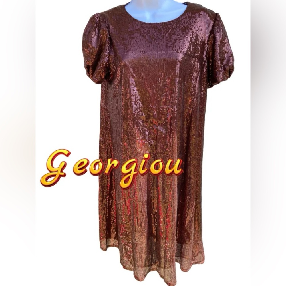 Womens Vintage Georgiou Brown Copper Sequin Shift Dress NWT Size Small 8